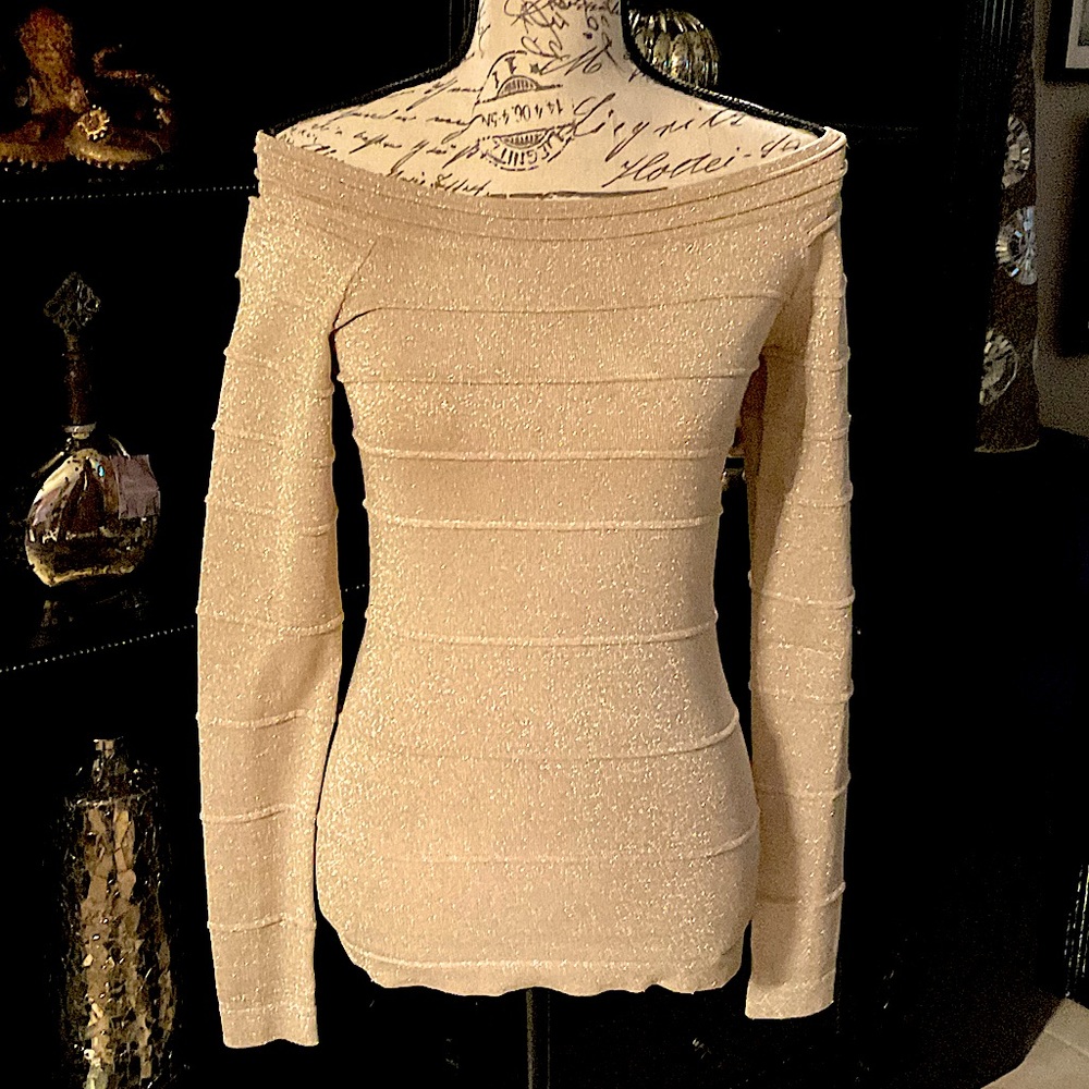 VINTAGE Cache Metallic Gold Boatneck ofF the shoulders top. NWOT SZ SMALL